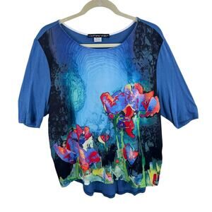 ClothesHead Blue Colorful Floral Watercolor Abstract Short Sleeve Blouse Size XL